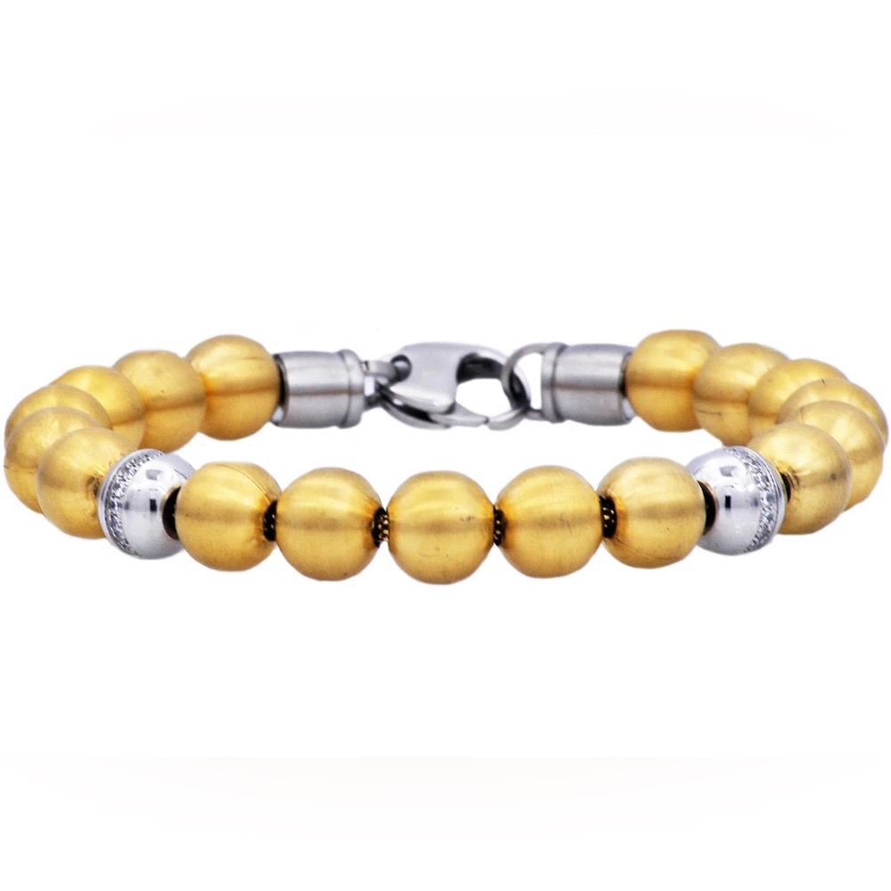 BLACKJACK Brushed and Polished 18k Gold Plated Stainless Steel CZ Bead Bracelet